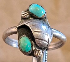 Native American Sterling Silver Turquoise Applied Leaf Ring size 7.5 Handmade