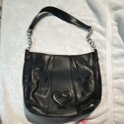Black Crescent Shoulder Bag Zip Top Silver Chain Accents Heart Detachable Strap