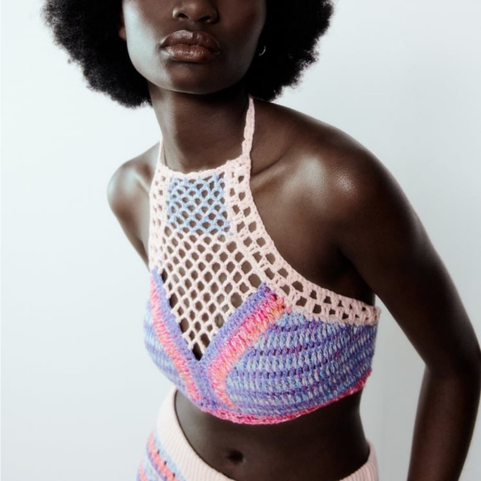 Zara Pink Blue Crochet Knit Halter Crop Top Size Medium and Large thumbnail 5