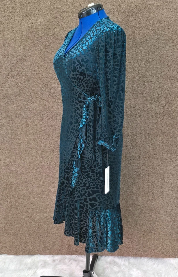 Calvin Klein Animal Print Velvet Burnout Emerald Green Faux Wrap Dress Sz 8 NWT - Image 2 of 4
