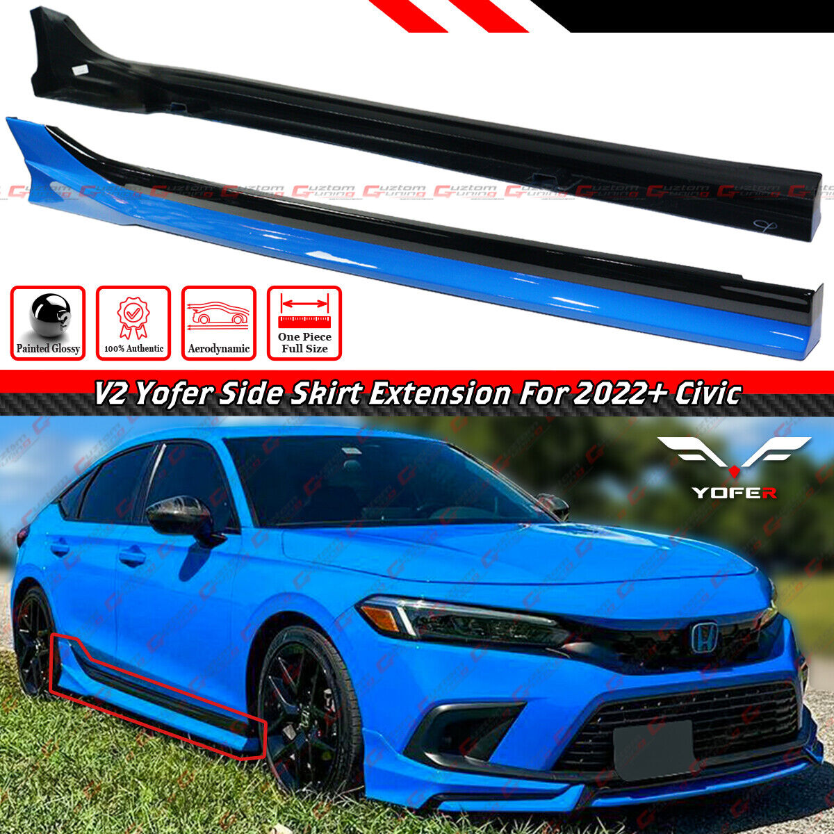 For 2022-2024 Honda Civic Yofer V2 Boost Blue Pearl 2 Tone Side Skirt Extension