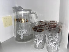 Vintage Antique Glass Pitcher with 6 glasses Vintage Gold and White pattern