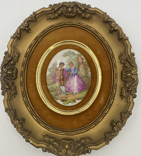 Fragonard Oval Ceramic Romantic Scene Plaque in Ornate Oval Frame C17