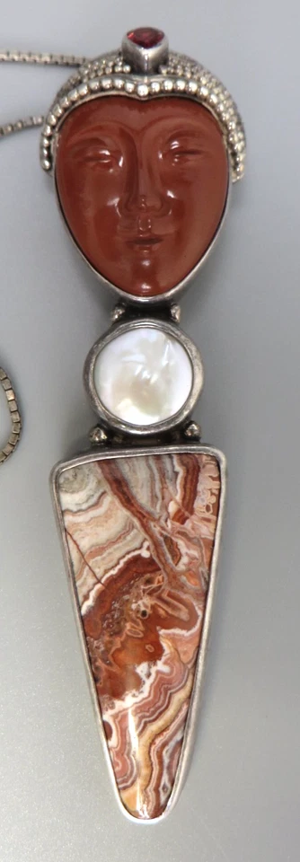 Pingente de deusa esterlina vintage Sajen jaspe vermelho renda louca ágata granada pérola - Imagem 3 de 4