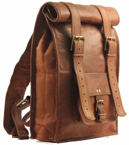 Mochila acolchada vintage de piel de cabra para portátil Macbook Mochila Bols...