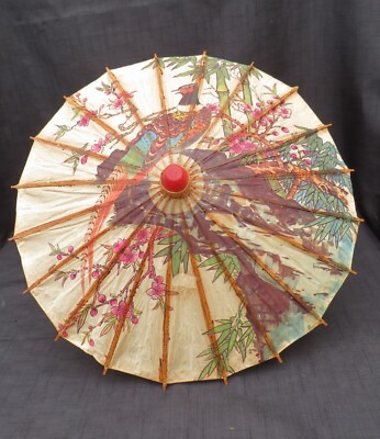 Vintage asiatischer handbemalter Reispapier Sonnenschirm