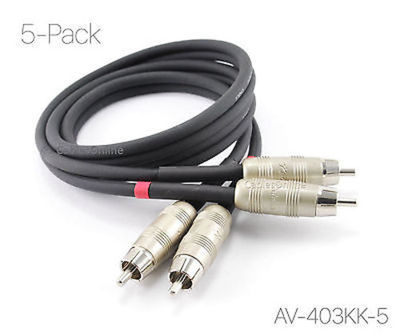 5-Pack 3ft. Kirlin 2-RCA Male/Male Sliver Plug Noise-Free Audio Cable