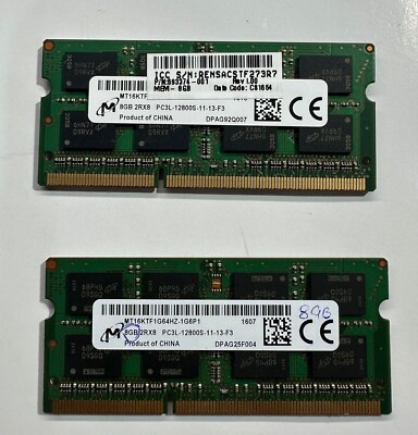 8x2=16gb Pair of Micron 8Gb 2Rx8 PC3L-12800S DDR3 SODIMM Laptop