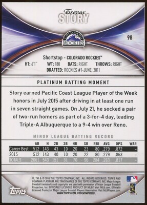 2016 Bowman Platinum Green /99 Trevor Story #98 Rookie RC 2016 Bowman Platinum Green /99 Trevor Story #98 Rookie RC