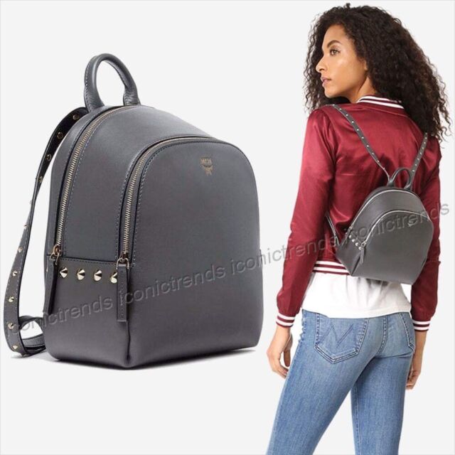 MCM Limited Duchess Polke Studs Leather Mini Backpack Grey 