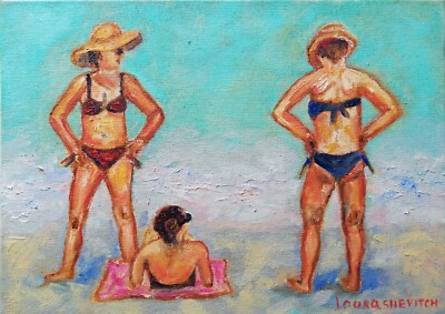 Beach Oil Painting Summer Marine People ORIGINAL Art Sunbathing Woman Figure Art