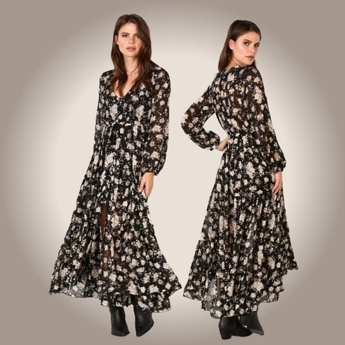 Spell & the Gypsy Dress Size XS Gypsy Dancer Maxi Gown Floral Caviar Long Sleeve