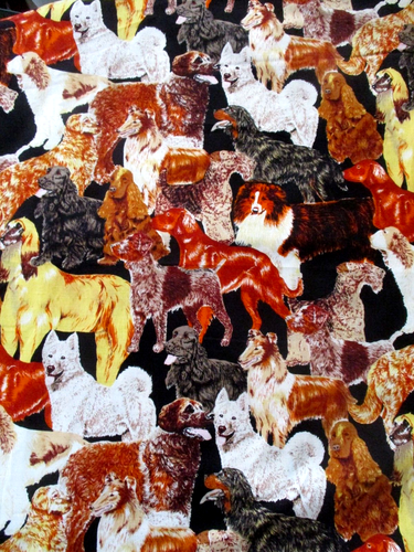 2-1/3 YARDS VINTAGE DOG BREEDS ON BLACK 100% COTTON OOP
