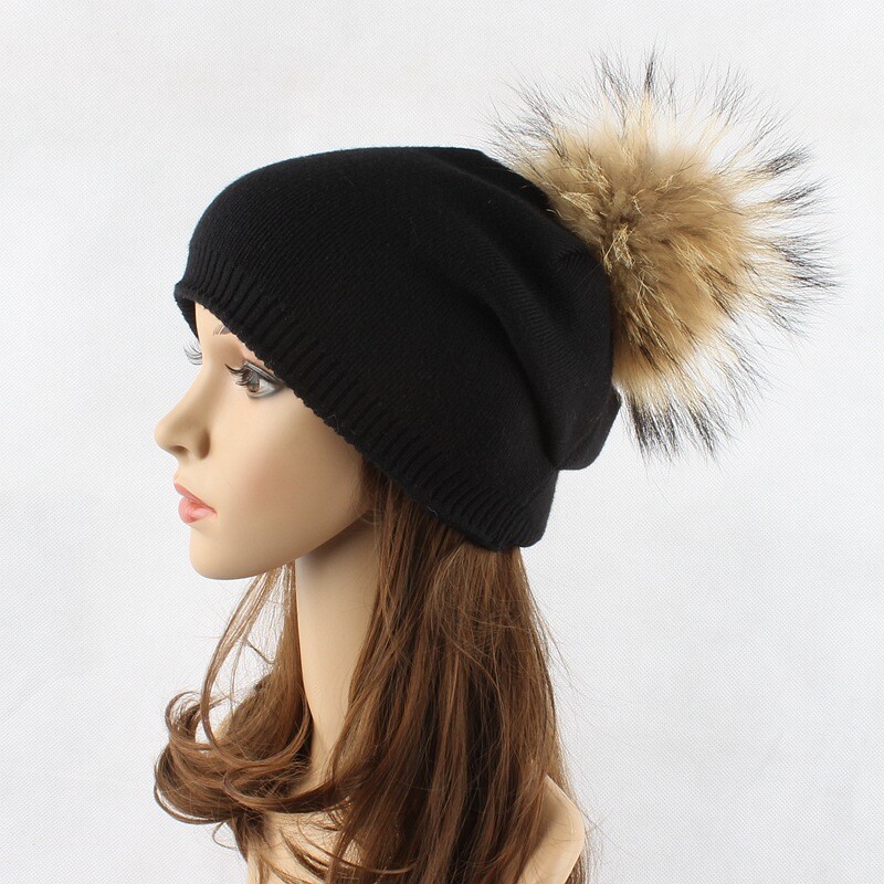 Slouchy Beanie Women's Wooly Hats With Fur Pom Pom Ladies