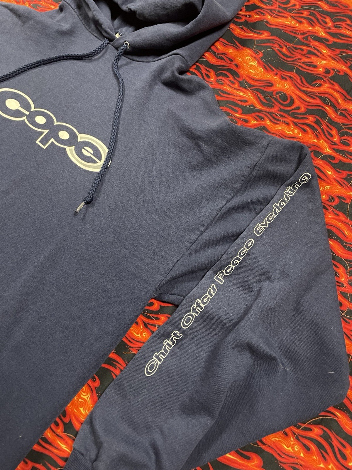 Cope Men’s VTG Y2K Rare Jesus Navy Hoodie XL “Christ Offers Peace Everlasting” image 4
