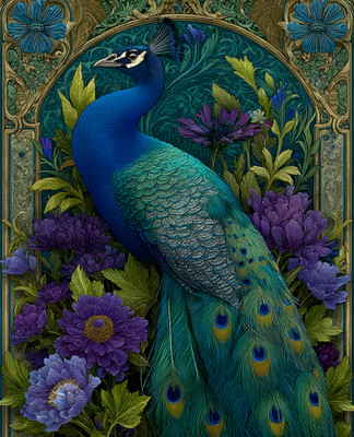 Royal Blue Peacock Amid a Garden of Purple Flowers Print - 807690454