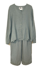 Vintage Flax 100 Linen Women  s 2 Pc Set Pants Top Size S/M Blue Green Textured