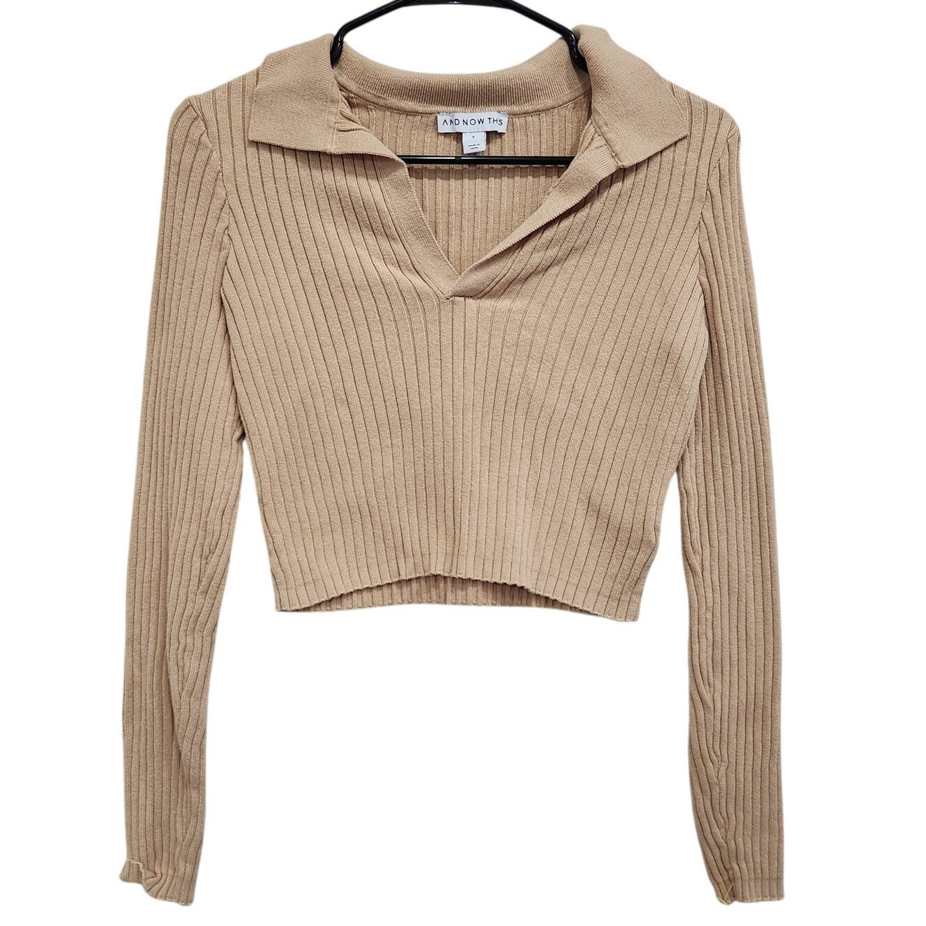 Ribbed Slim Fit Crop Polo Shirt Long Sleeve Pullover Tan Small