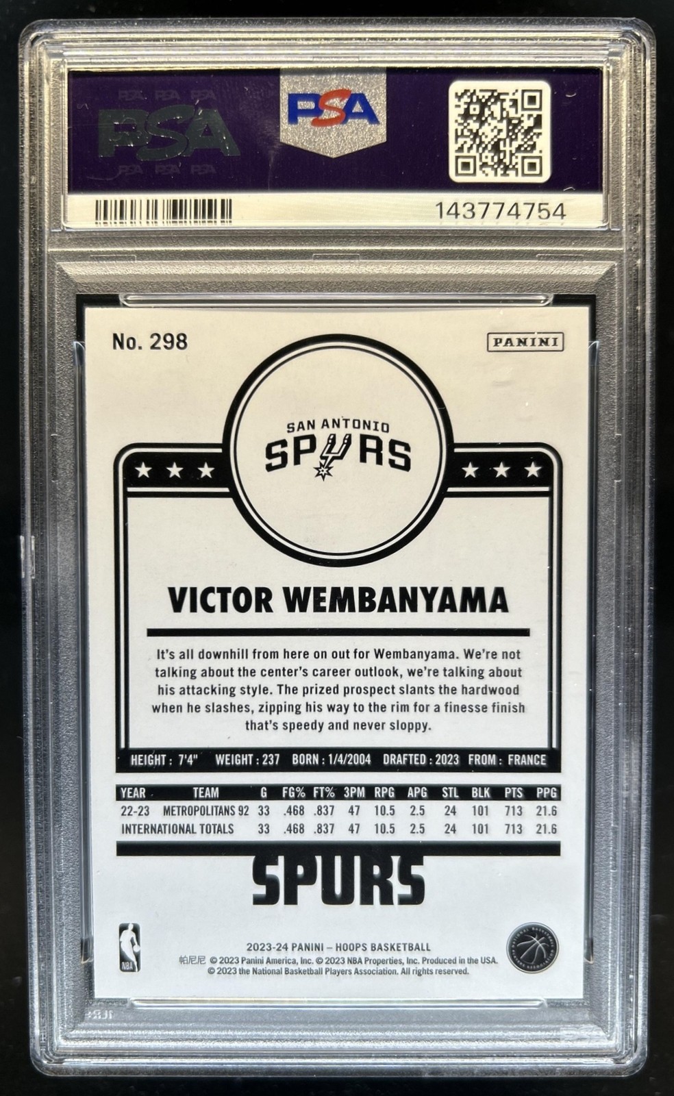 2023-24 Panini Hoops Victor Wembanyama RC Rookie #298 Spurs PSA 10 GEM MINT view 2