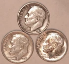 (3)Roosevelt Dimes - 1951D(Fine) 1952D(UNC) 1952S(VF) - #3630E - FREE SHIPPING