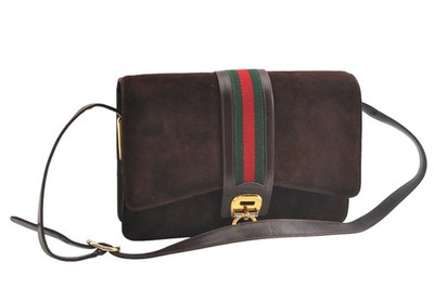 Authentic GUCCI Web Sherry Line Shoulder Bag GG Suede Leather Brown AB401