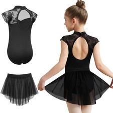 Girls Lace Ballet Leotard Skirted Outfit 2PCS Mock Neck Hollow Back Dance