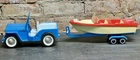 Vintage 1960's Tonka Toys Set Blue Jeep w/ Red Clipper Boat & Two Axel Trailer