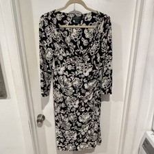 Lauren Ralph Lauren Black White Floral Sheath Long Sleeve V-Neck Knee Dress 8
