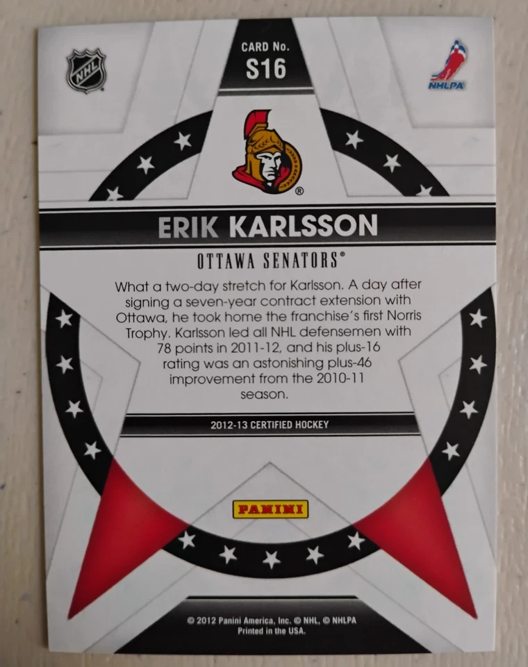 12 13 PANINI CERTIFIED STARS ERIK KARLSSON /999 - Image 2 of 2