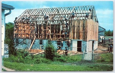 Vintage Amish Barn Raising Postcard Burton Geauga County Ohio