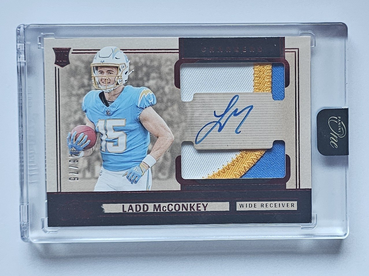 Ladd McConkey 2024 Panini One Red Rookie Patch Auto RC #/75 Chargers
