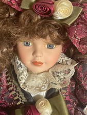 Porcelain Girl Doll Light Complexion Brown Curly Hair Blue Eyes Outfit Hat