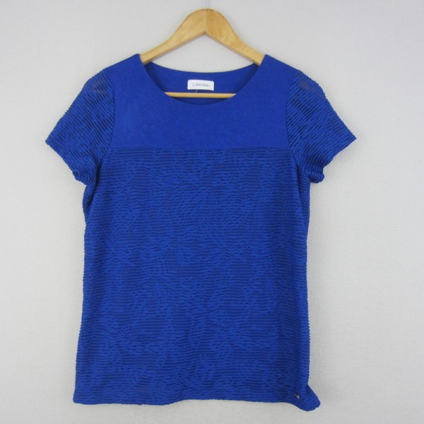 Calvin Klein Top Womens 10 Blue Floral Textured Tee Shirt T-Shirt Stretch Work