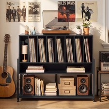 Record Player Stand w/ Charging Station, Turntable Stand w/Vinyl Storage Shelves