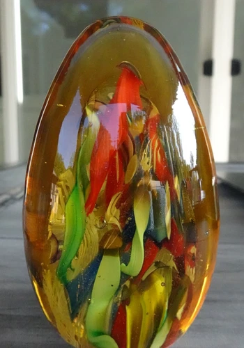 3.30"  Vintage Murano Latticino Zanfirico Scrambled Yellow Egg Paperweight Italy