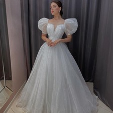 Glitter Ball Wedding Dresses Sequin Puff Short Sleeves A-line Tulle Bridal Gowns