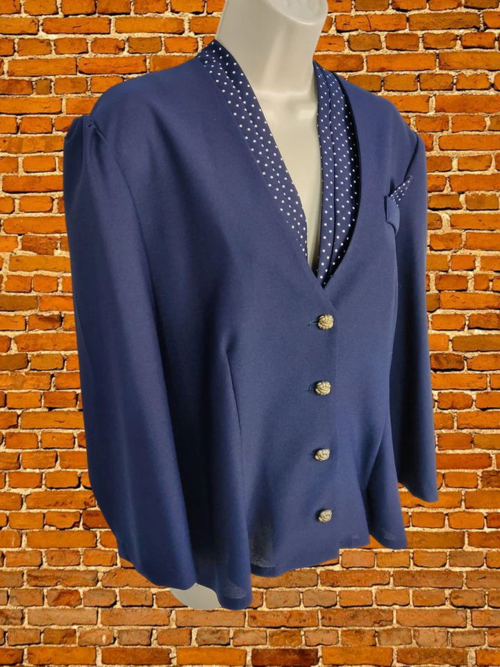 VINTAGE SIZE UK 16 NAVY BLOUSE JACKET TOP SMART BUTTON UP LONG SLEEVE WOMENS - Image 3 of 4