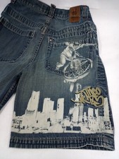 JNCO Jean Shorts BMX Bike City Graphic Boys Sz 20 Vtg 90s Y2K Baggy Wide Mens 28