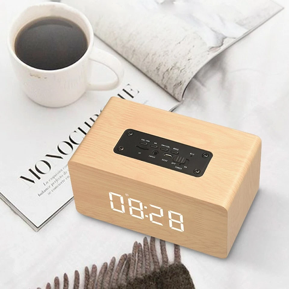 Double Horn Wooden Bluetooth Speaker Digital  Alarm Clock : LED Display For Home - Image 2 of 4