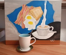 Breakfast Original Acrylic Painting Canvas by Vytas 20x16 Bacon Eggs Coffee