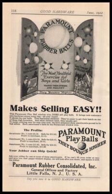 1922 Paramount Rubber Little Falls New Jersey Play Balls Store Display Print Ad