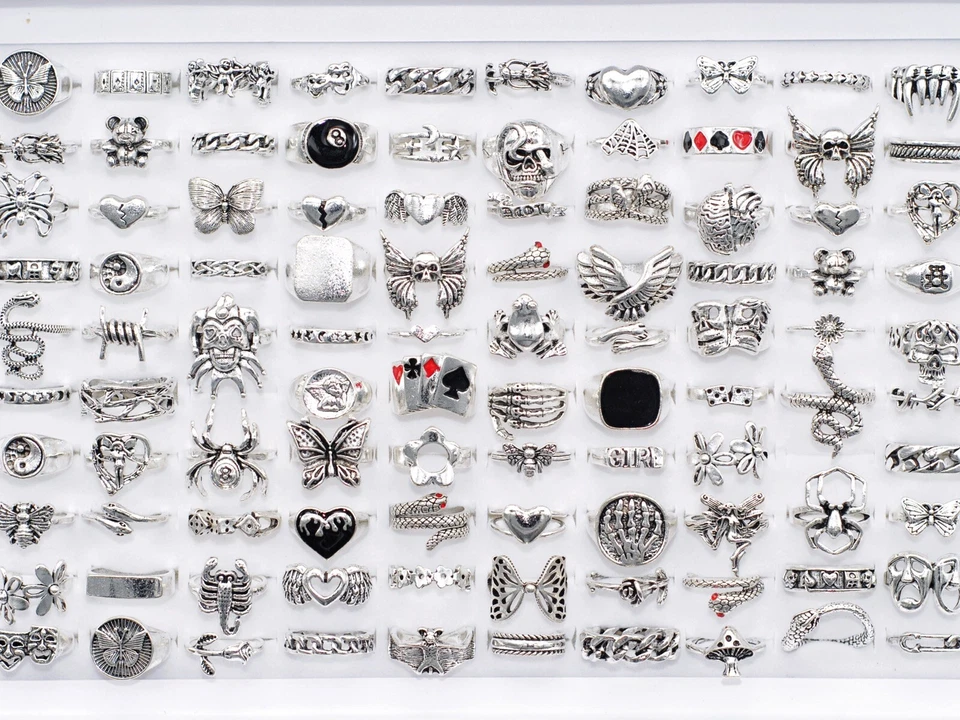 Venta al por mayor 50 Anillos Mezcla Punk Vintage Chapados en Metal Plata Animal Calavera Regalo Gótico Foto 3 de 4