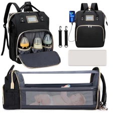 Diaper Bag Backpack, Multifunctional Baby Changing Bag with Foldable Crib & Insu