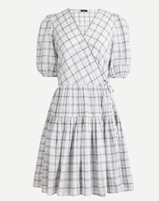 J.Crew Puff-sleeve cotton voile wrap dress in oyster plaid, S, GRAY, NWT
