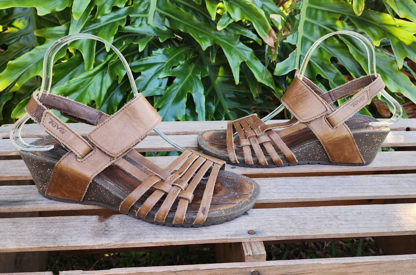Teva Strappy Leather Universal Wedge Brown Sandals Womens US EU 39
