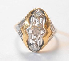 Fabulous Art Deco Triple Diamond Filigree 14K Yellow  White Gold Ring Size 6