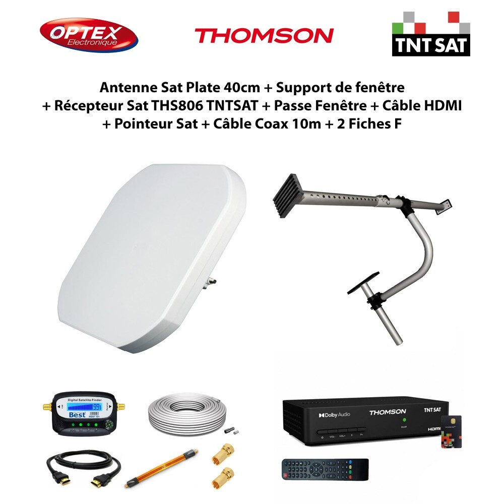 Antenne Sat Plate 40cm avec récepteur THS806 TNTSAT et support de fenêtre inclus