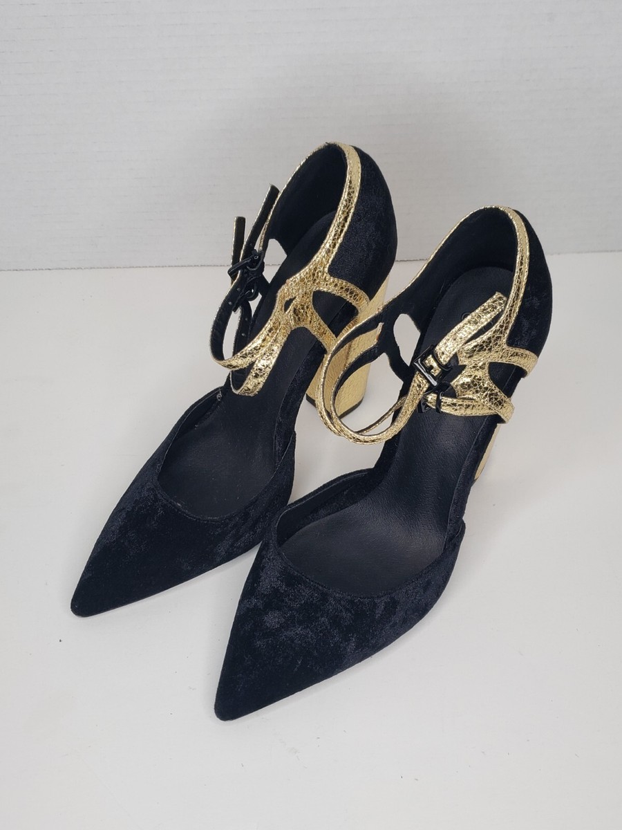 asos Women's High Heels Ankle Strap Black w/ Gold Accents 706024 Size