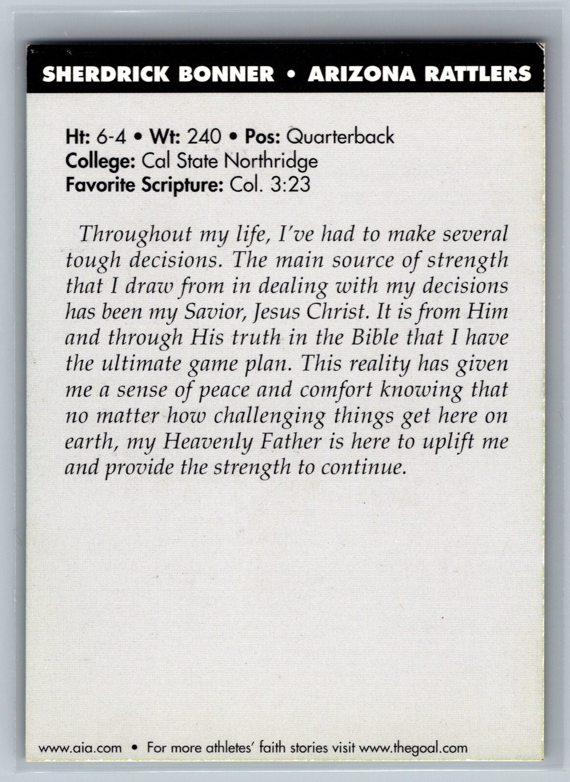 Sherdrick Bonner Athletes in Action Football Card Arizona Rattlers QB ...