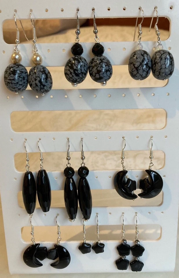 Black Stone or Shell Bead Dangle Earrings on Silver Plated Hooks - Image 4 of 4